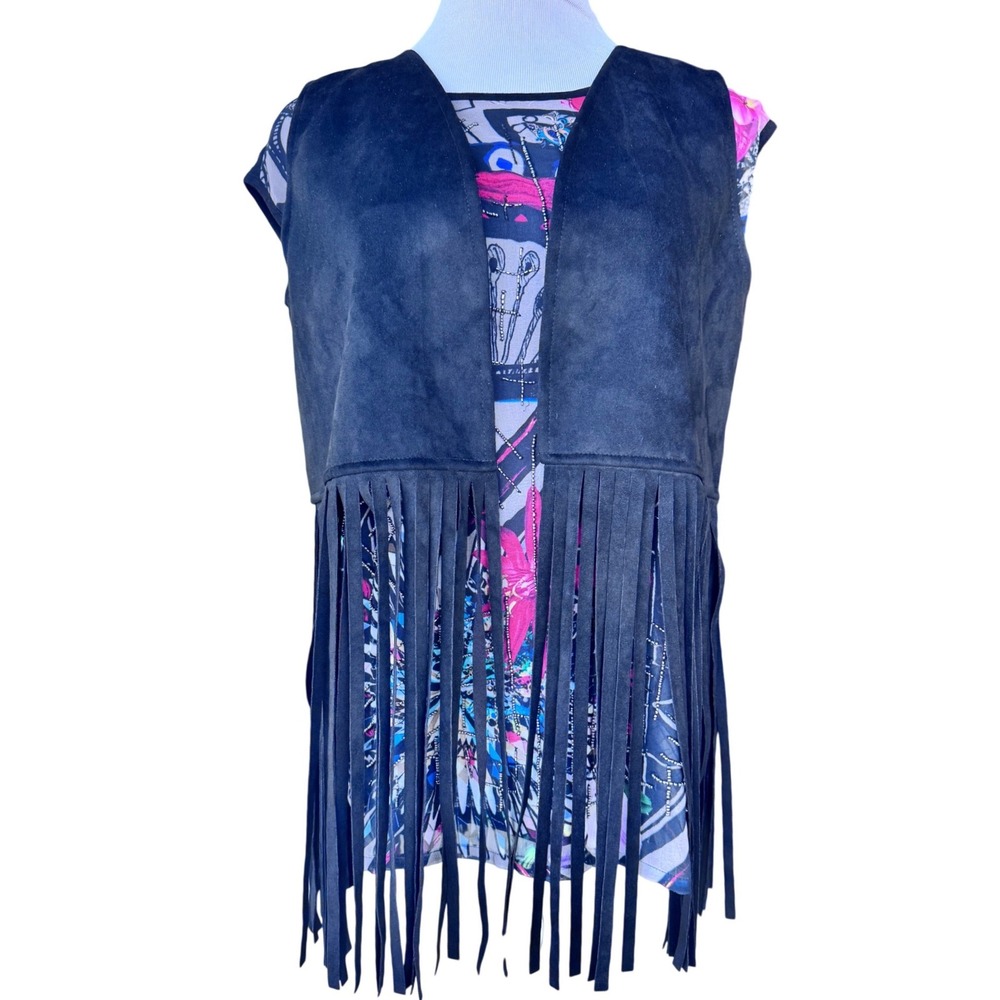 Desigual Fringe layered top with Vest Fauxβ Suede Large Boho Western Festival